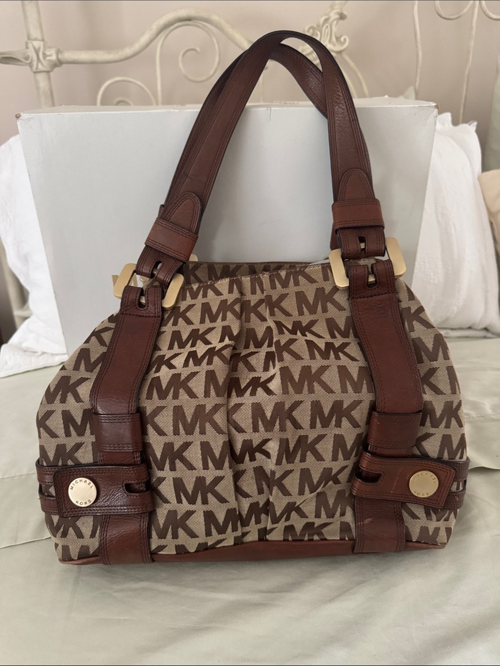 Michael Kors Brown MK Logo Canvas Shoulder Bag with Dark Brown Trim